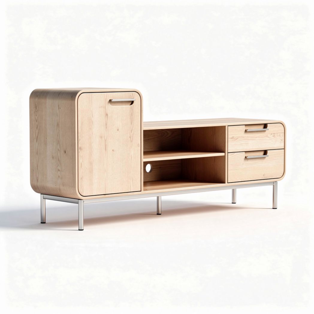 Natural wood TV stand with storage cabinet and open shelving 150 x 40 x 60cm