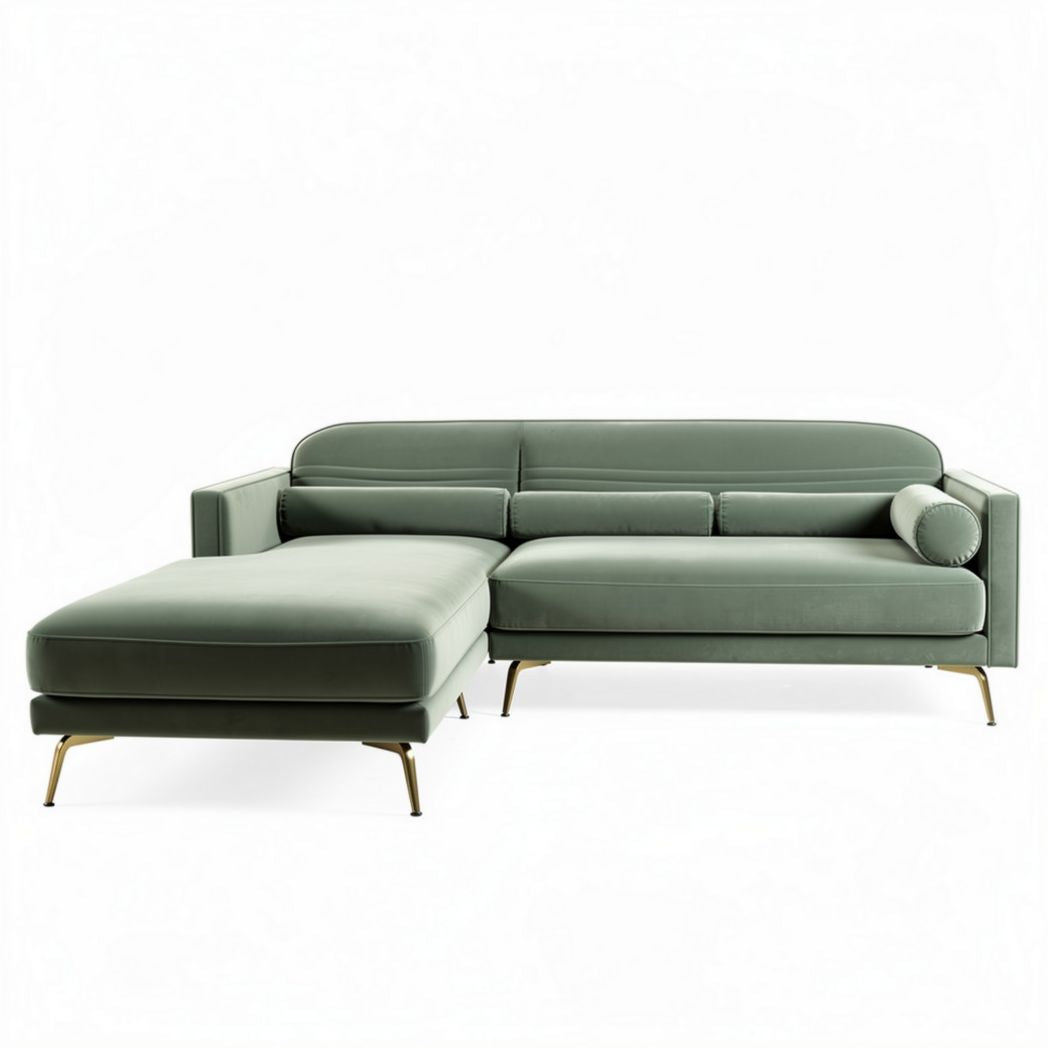 Green fabric sectional sofa with chaise lounge and gold legs 220 x 90 x 75cm