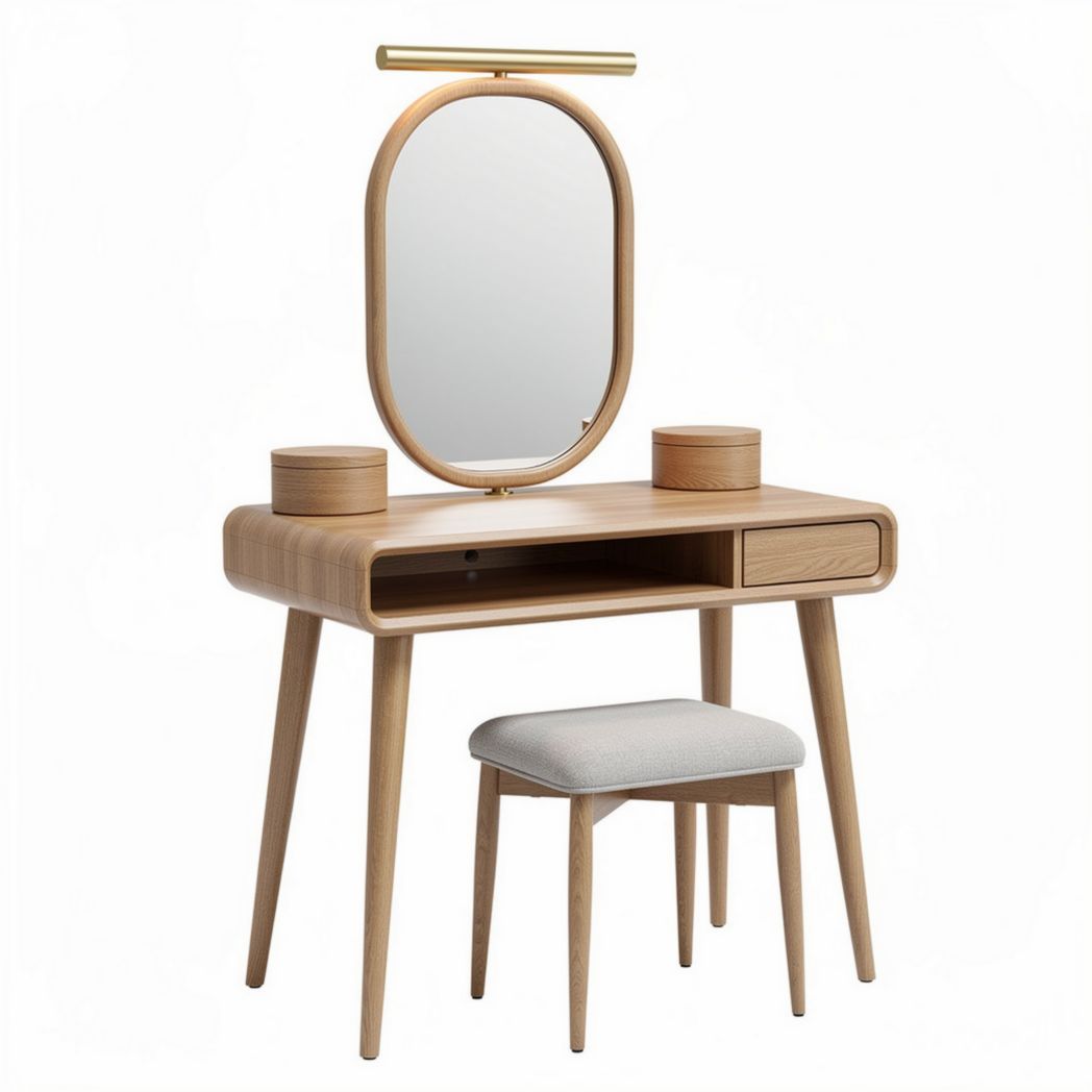 Wooden vanity set with mirror and storage drawer in natural finish 100 x 40 x 75cm