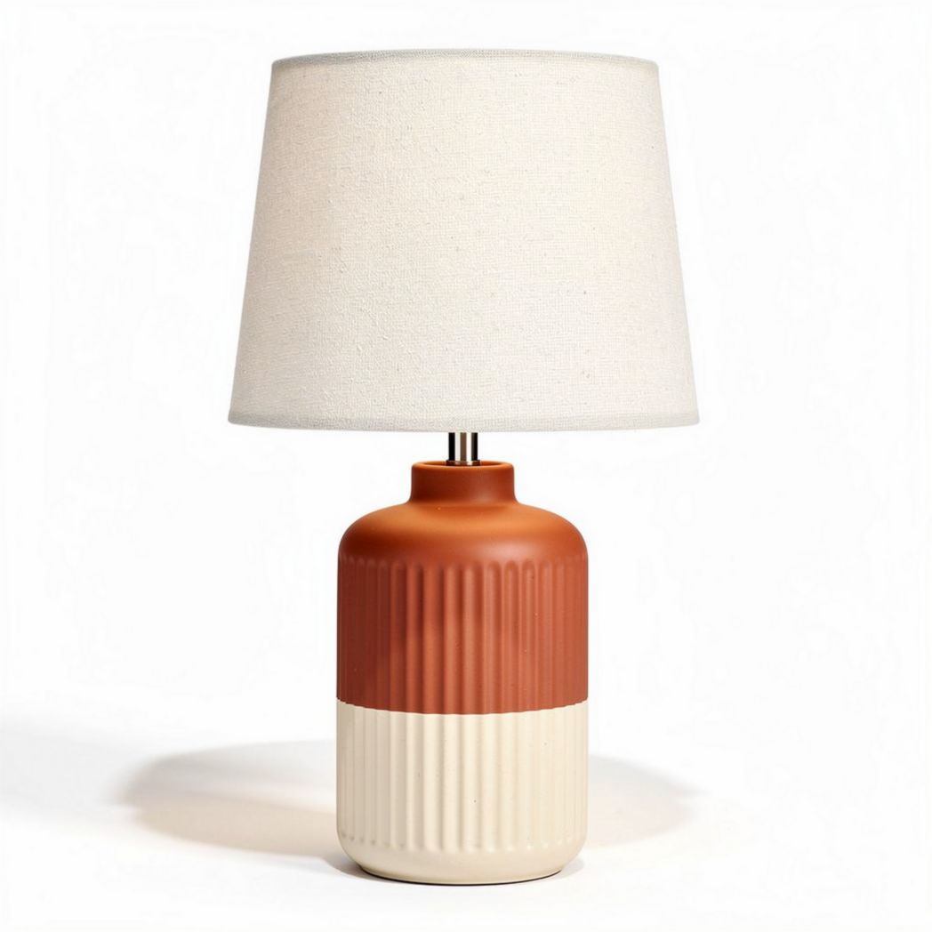 Ceramic table lamp with fabric shade in terracotta and cream colors 30 x 30 x 50cm