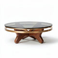 Round coffee table with glass top and wooden base in walnut finish 60 x 60 x 40cm