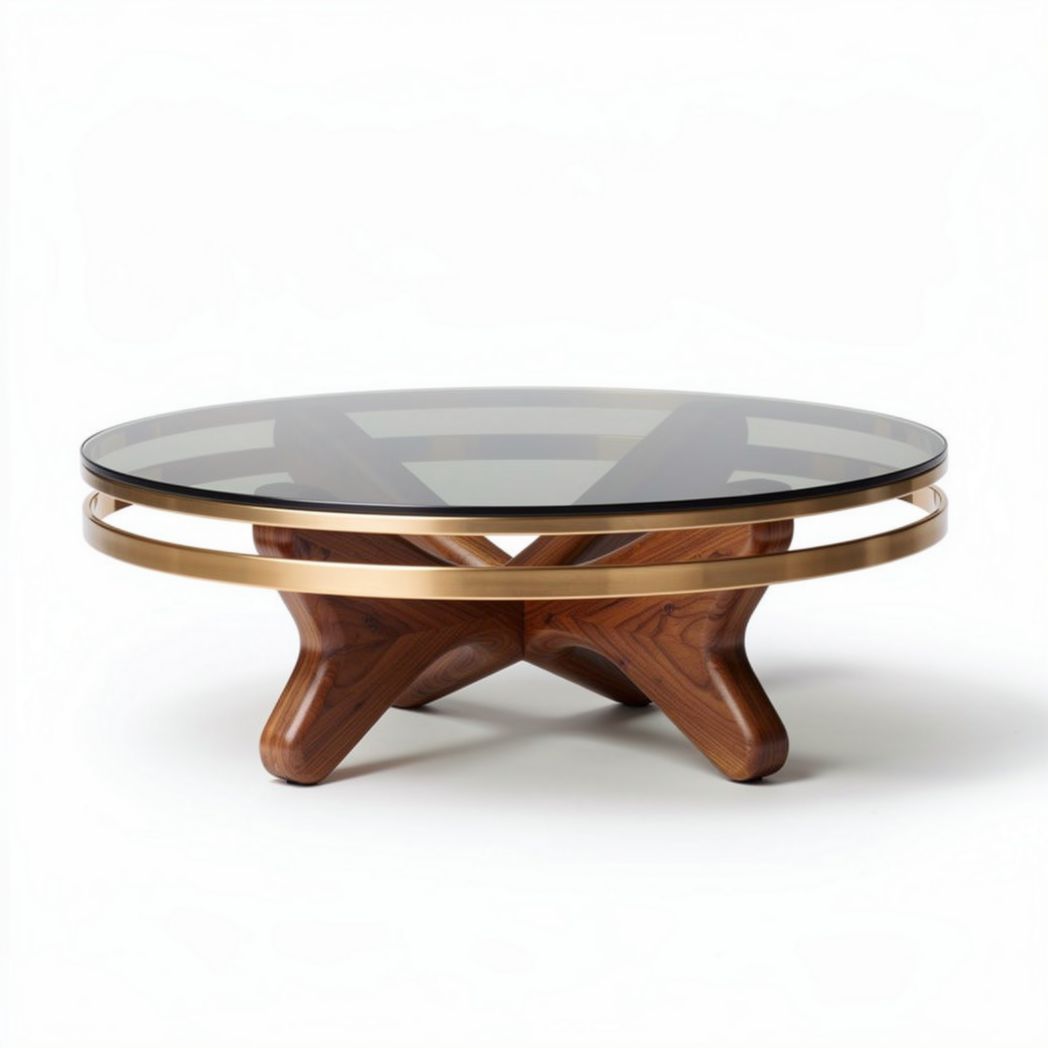 Round coffee table with glass top and wooden base in walnut finish 60 x 60 x 40cm