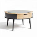 Round coffee table with glass top and wood drawer black and natural finish 90 x 90 x 40cm