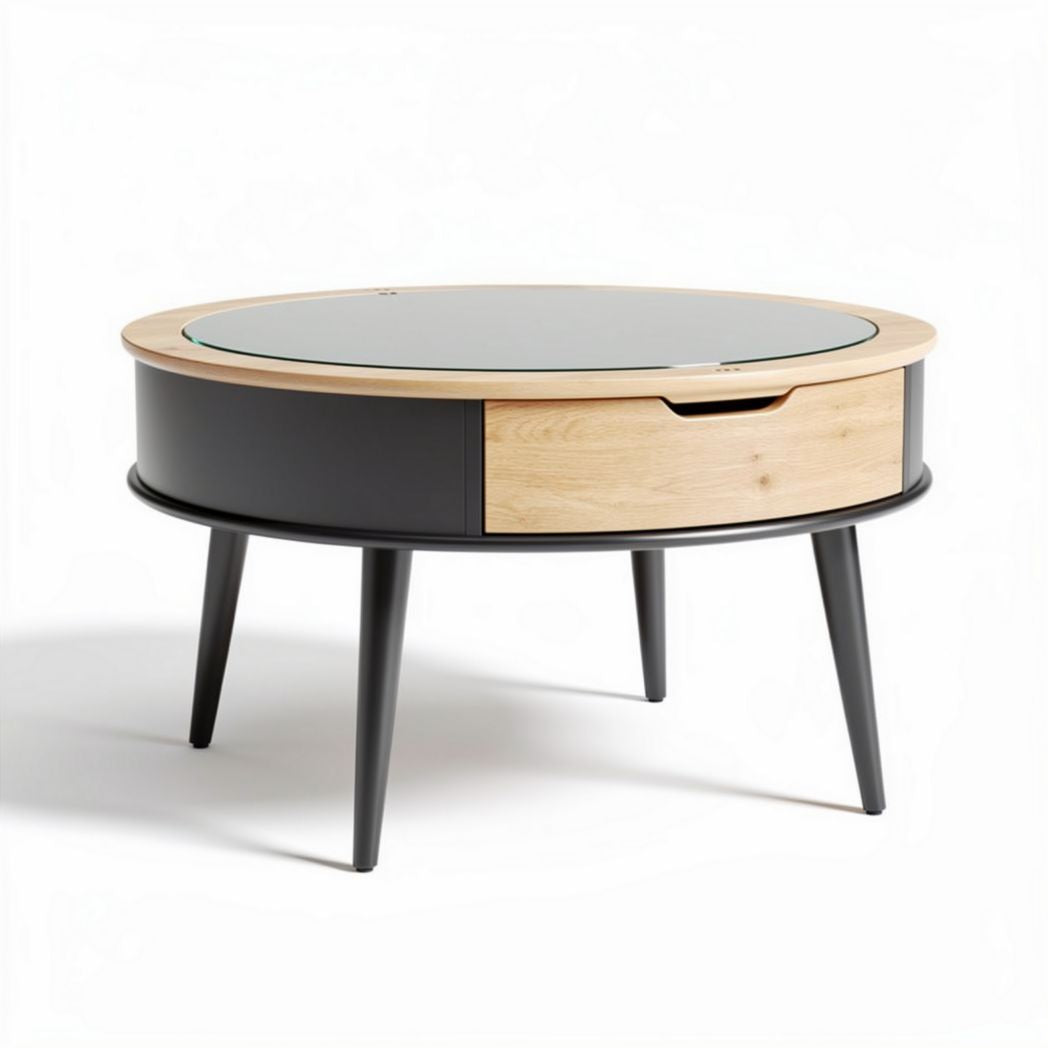 Round coffee table with glass top and wood drawer black and natural finish 90 x 90 x 40cm